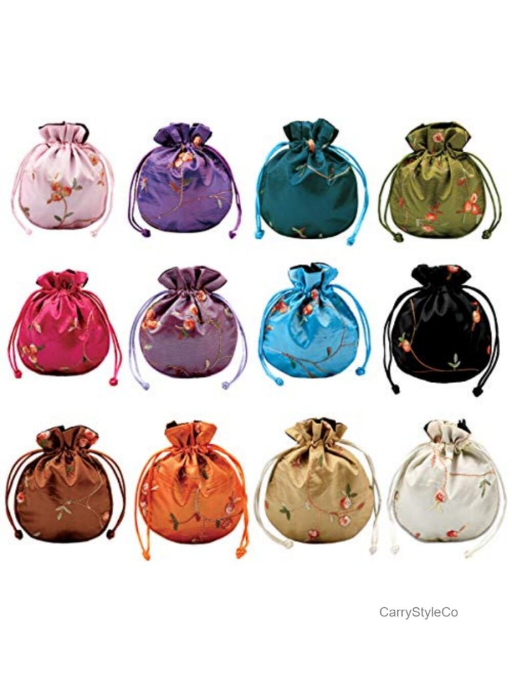 12 Silk Coin Purse Drawstring Floral Embroidered Jewelry Gift Pouches